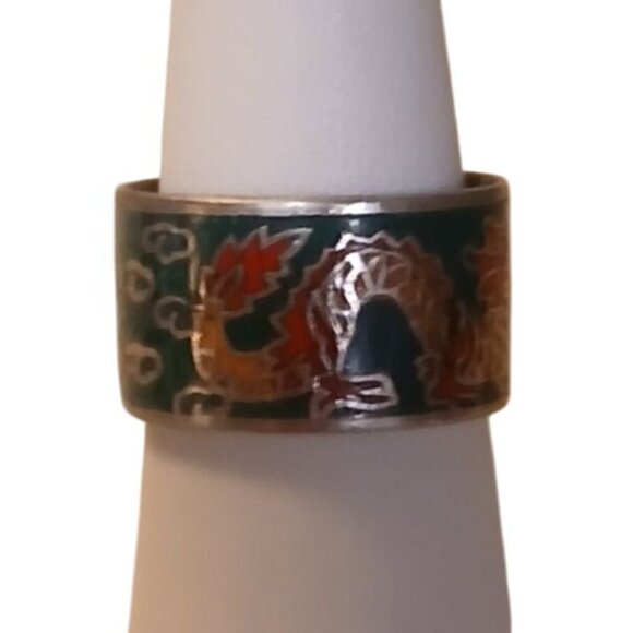 Vintage Cloisonné Enamel Dragon Ring 7.5 Multi Japan Art Jewelry Red Green Meiji - Picture 7 of 7